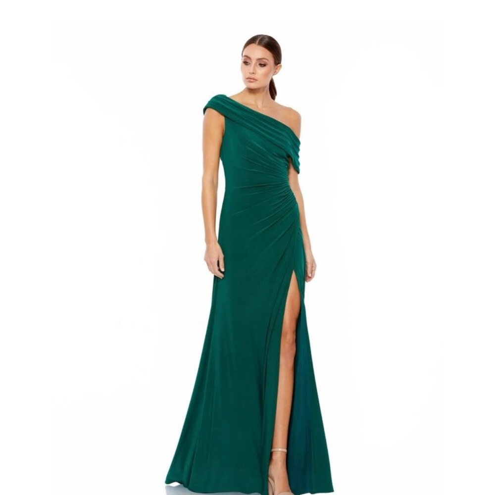 Ieena for Mac Duggal Foldover Off-the-Shoulder Slit Gown Emerald Womens Size 18